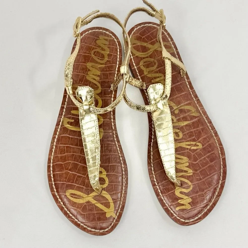 Sam Edelman GIGI Gold Metallic Reptile Embossed Leather T Strap Thong Sandals